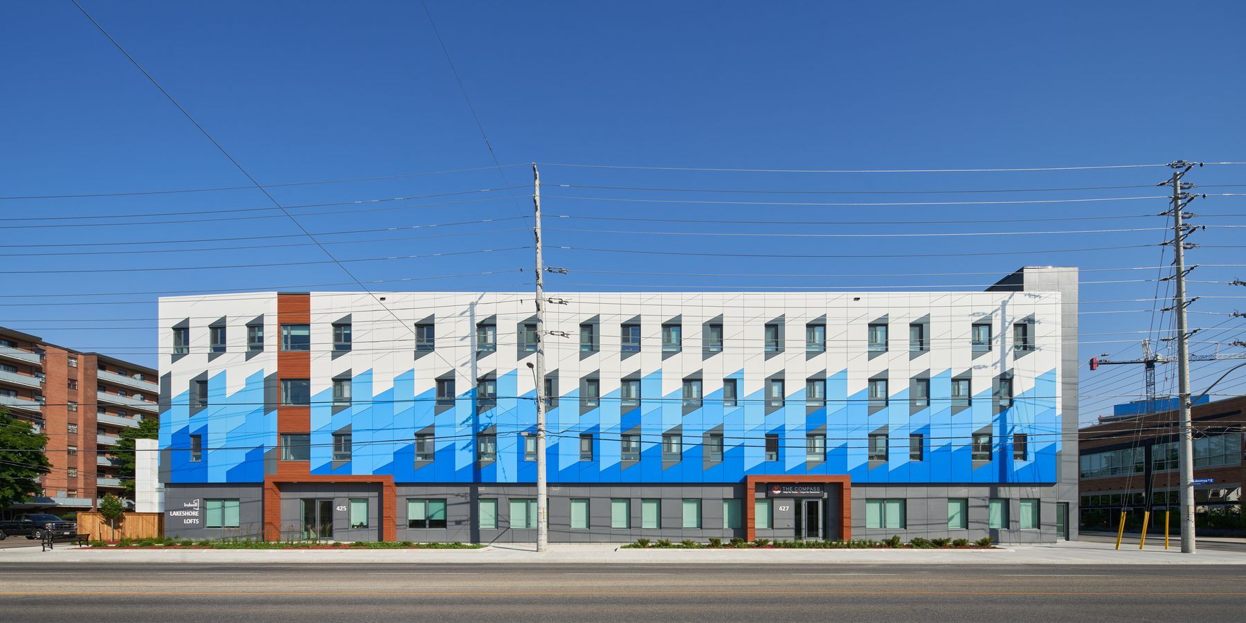 Lakeshore Lofts Indwell Hamilton — Alpolic ACM blue gradient elevation