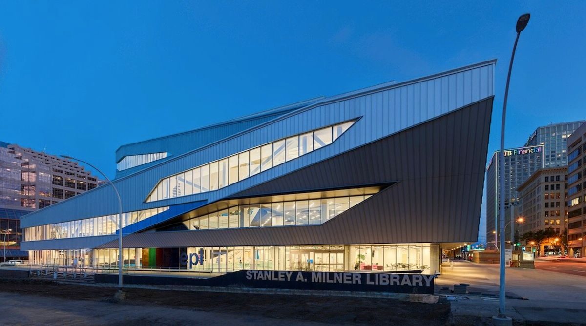 Alpolic Canada — Stanley A. Milner Library Edmonton, ACM cladding at night, distributed by Exterior Technologies Group