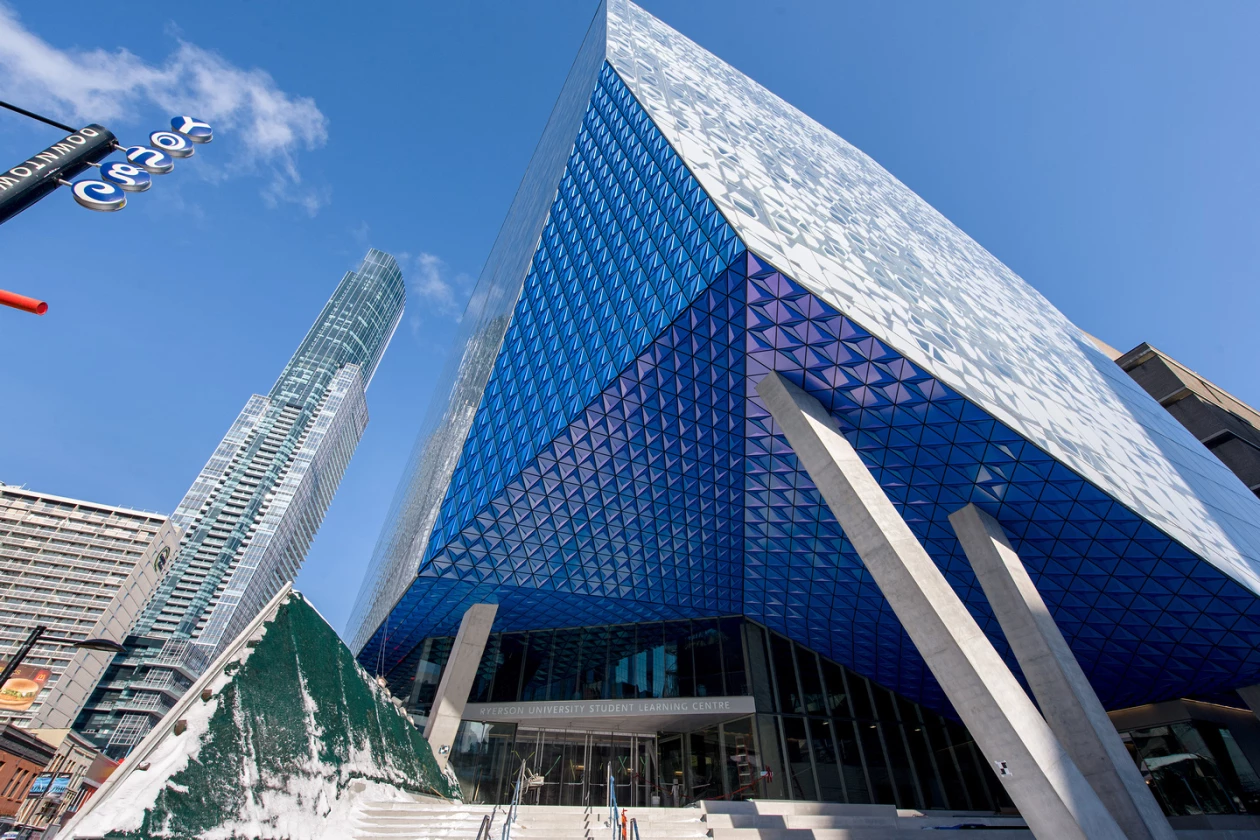 Alpolic Canada — Toronto Metropolitan University Student Learning Centre, blue ALPOLIC ACM façade, distributed by Exterior Technologies Group