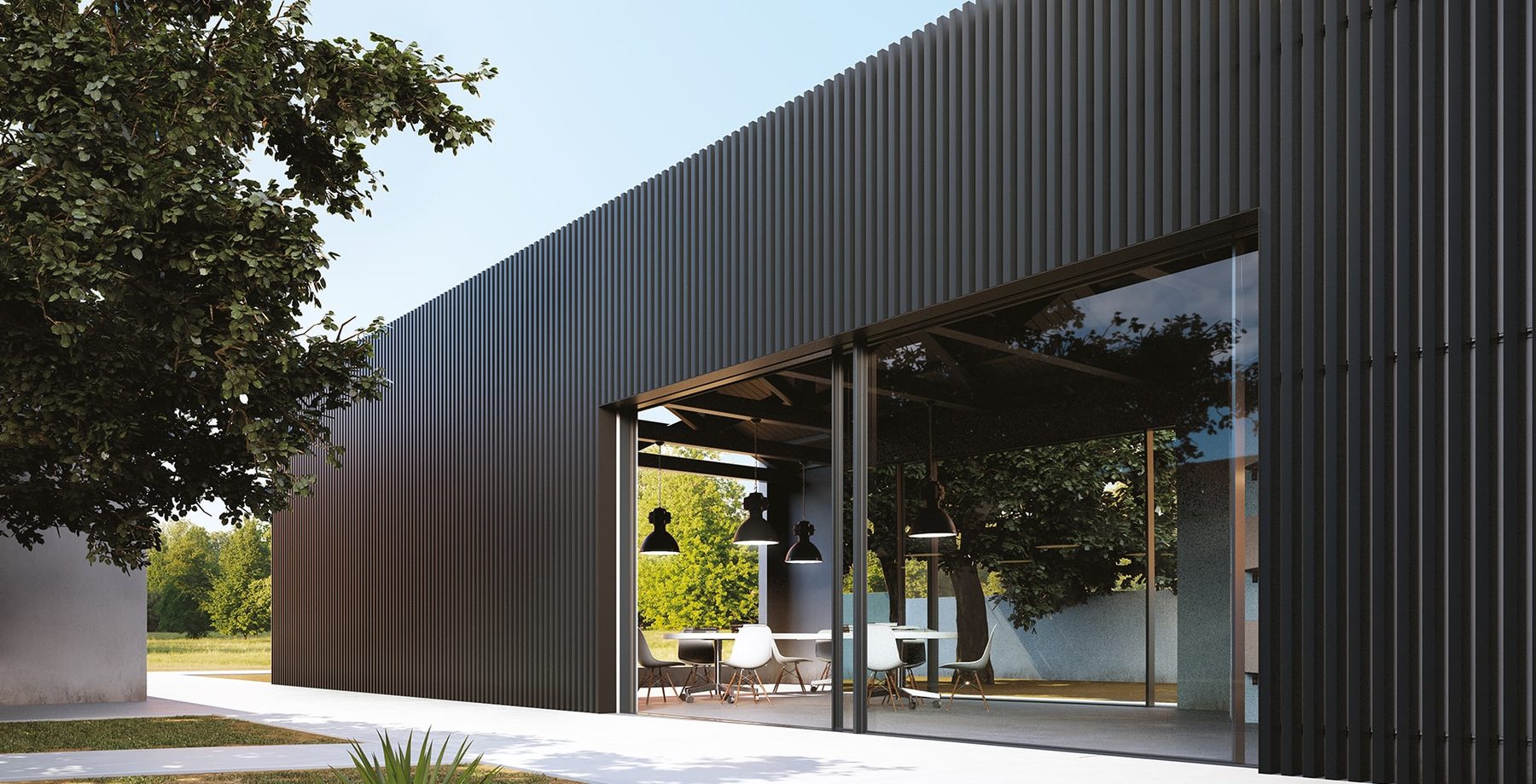 ForMe Design Canada — Battens 50 aluminum cladding on black pavilion, Exterior Technologies Group